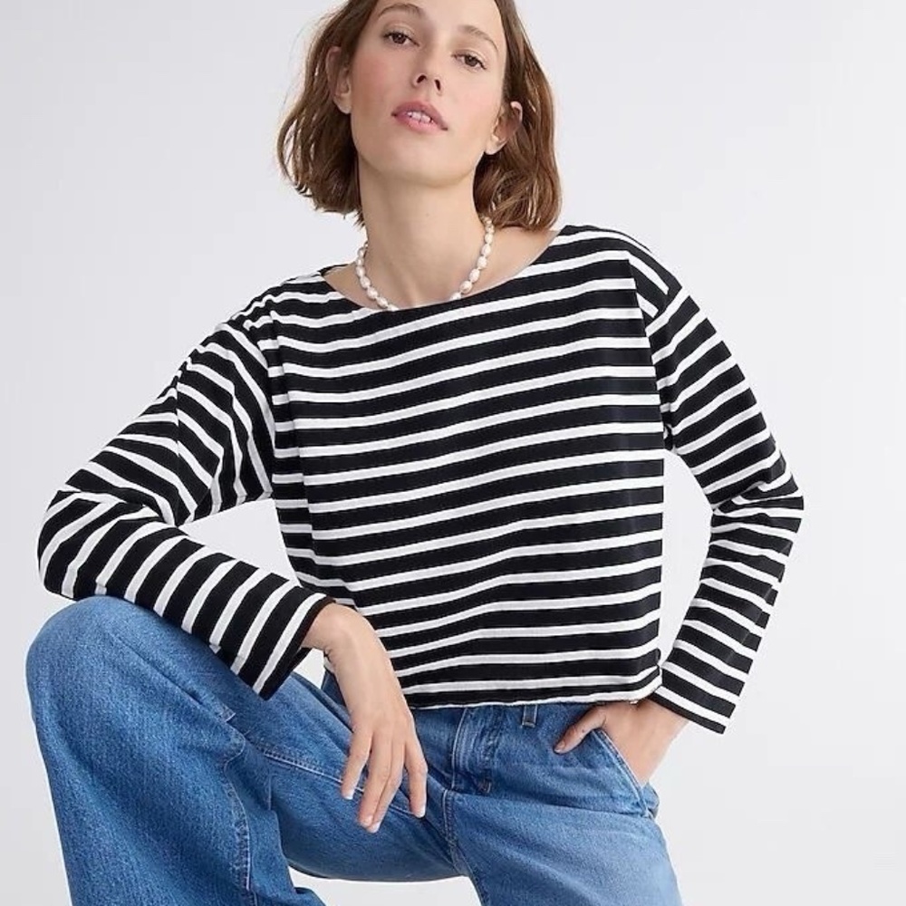 J Crew Cropped Boatneck T Shirt in Mariniére Cotton SZ Small - NWOT